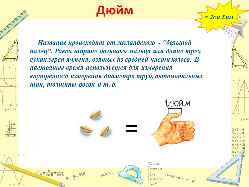 Дюйм = 2см 5мм      Название происходит от голландского -